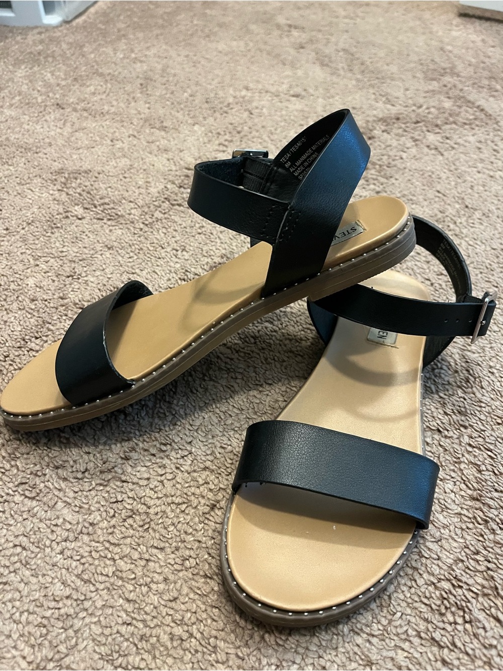 Steve Madden Black and Tan Open-Toe Ankle-Strap Sandals